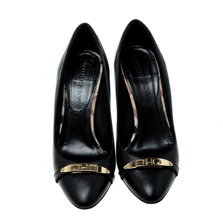 Pre Owned  Burberry Black Leather And Novacheck Canvas Balmore Pumps Size 38