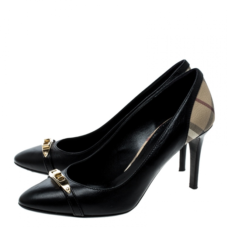 Pre Owned  Burberry Black Leather And Novacheck Canvas Balmore Pumps Size 38