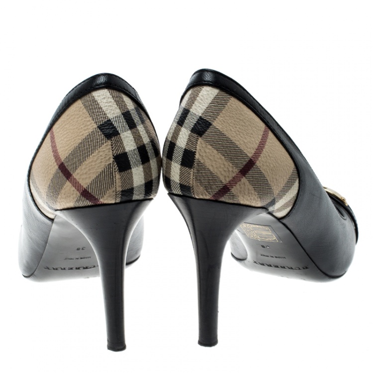 Pre Owned  Burberry Black Leather And Novacheck Canvas Balmore Pumps Size 38