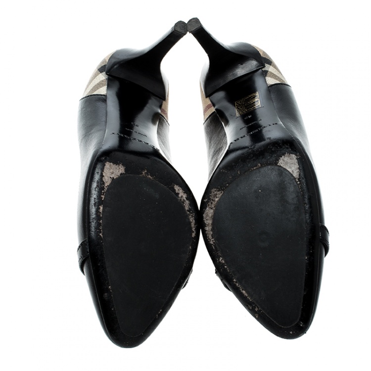 Pre Owned  Burberry Black Leather And Novacheck Canvas Balmore Pumps Size 38