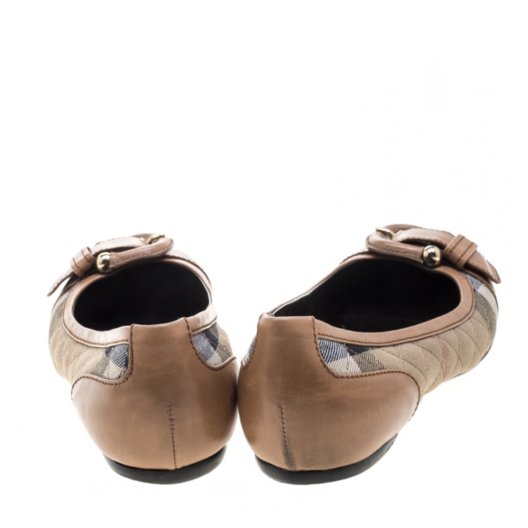 Pre Owned Burberry Beige Quilted Novacheck Canvas and Leather Buckle Detail Ballet Flats Size 39