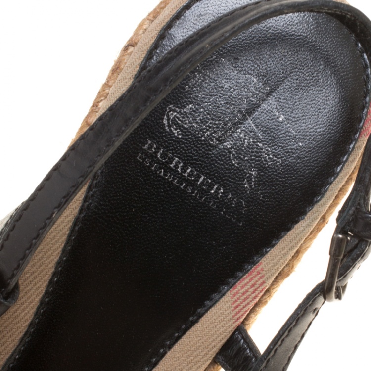Pre Owned Burberry Black Leather Slingback Espadrille Wedge Sandals Size 39