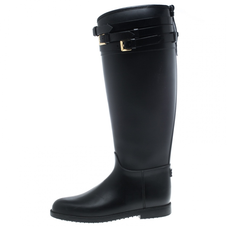 Burberry Black Rubber Belted Equestrian Rain Boots Size 37 Burberry | TLC