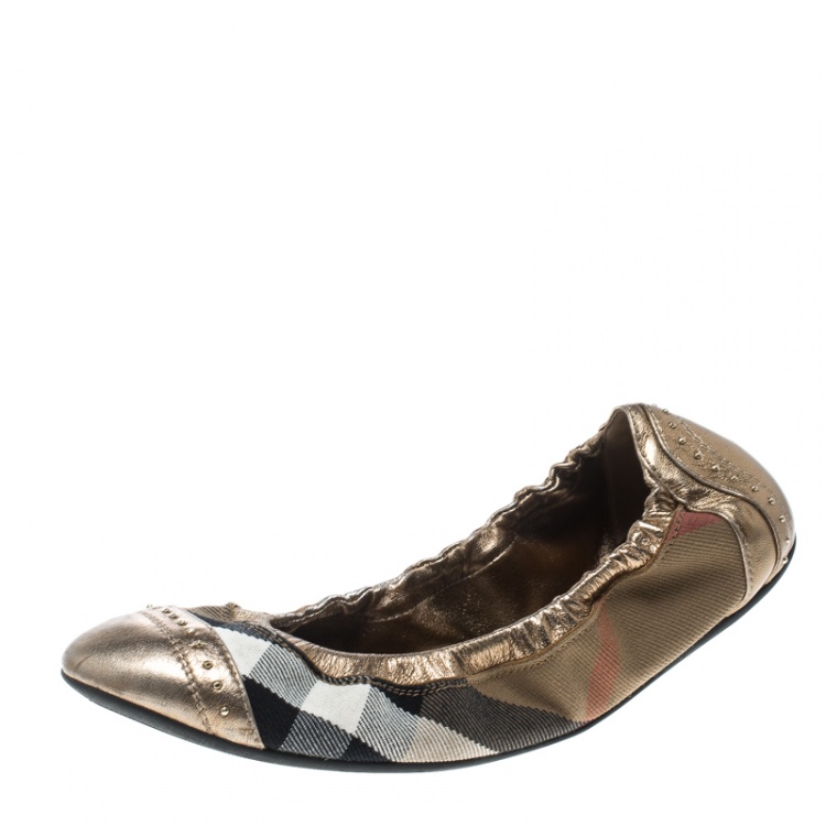 Pre Owned Burberry Bronze Leather and House Check Canvas Southwark Studded Scrunch Ballet Flats Size 37