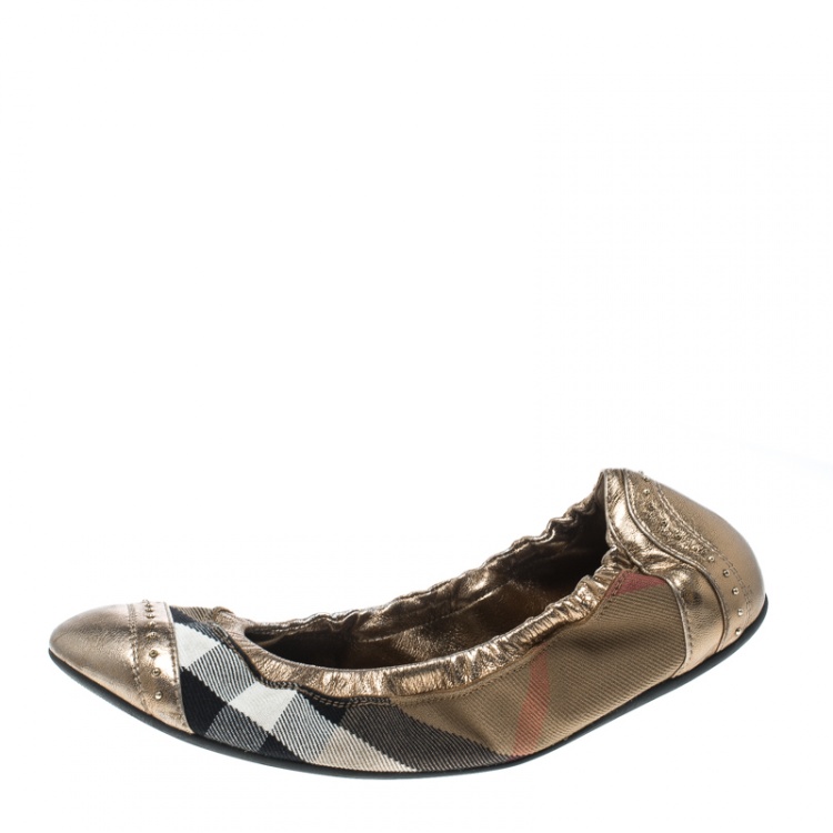 Pre Owned Burberry Bronze Leather and House Check Canvas Southwark Studded Scrunch Ballet Flats Size 37