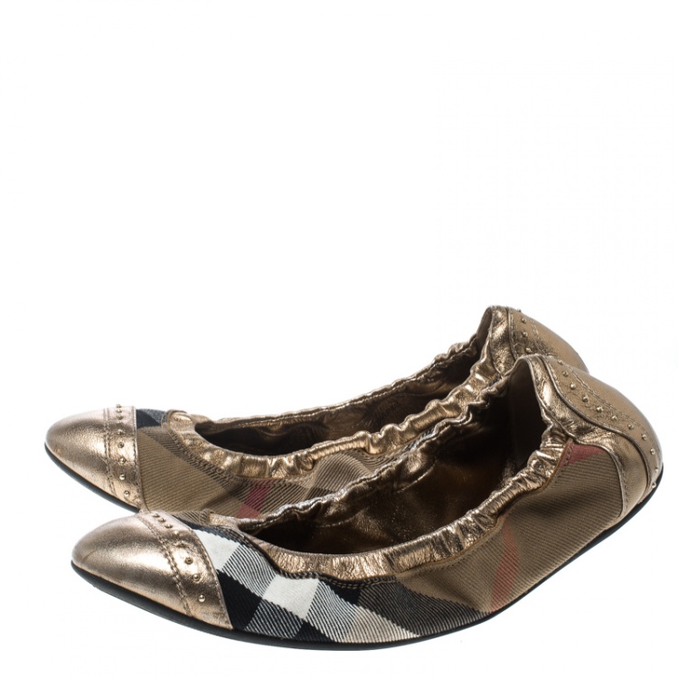 Pre Owned Burberry Bronze Leather and House Check Canvas Southwark Studded Scrunch Ballet Flats Size 37