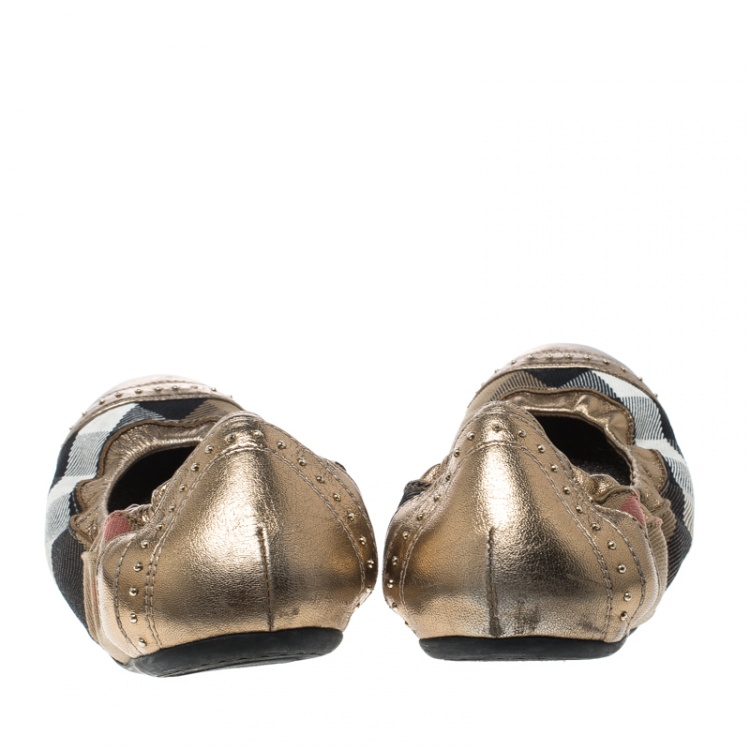 Pre Owned Burberry Bronze Leather and House Check Canvas Southwark Studded Scrunch Ballet Flats Size 37