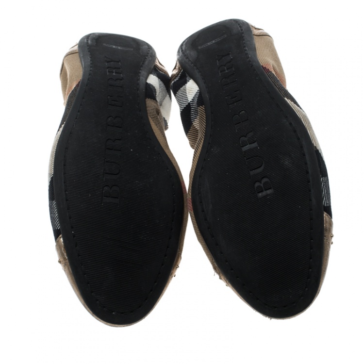 Pre Owned Burberry Bronze Leather and House Check Canvas Southwark Studded Scrunch Ballet Flats Size 37