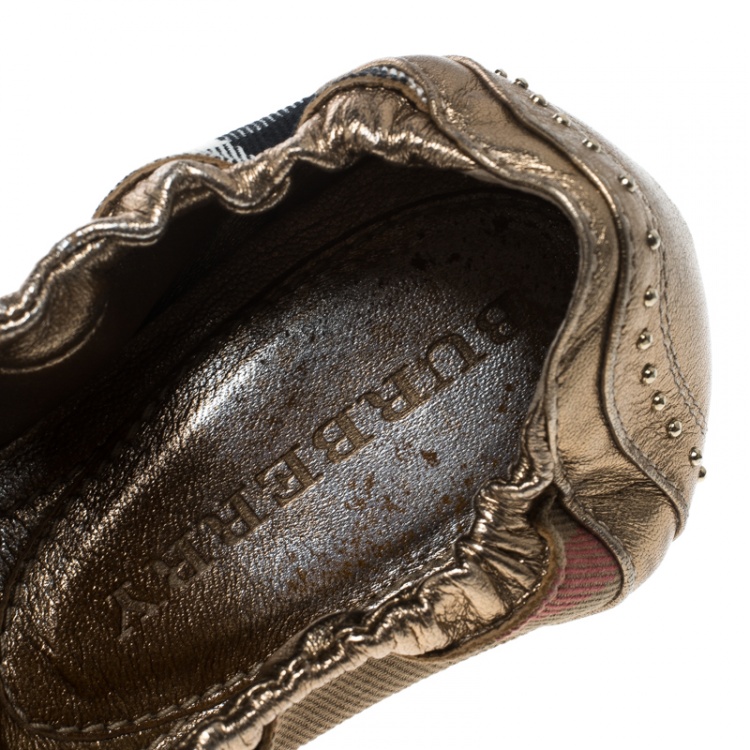 Pre Owned Burberry Bronze Leather and House Check Canvas Southwark Studded Scrunch Ballet Flats Size 37