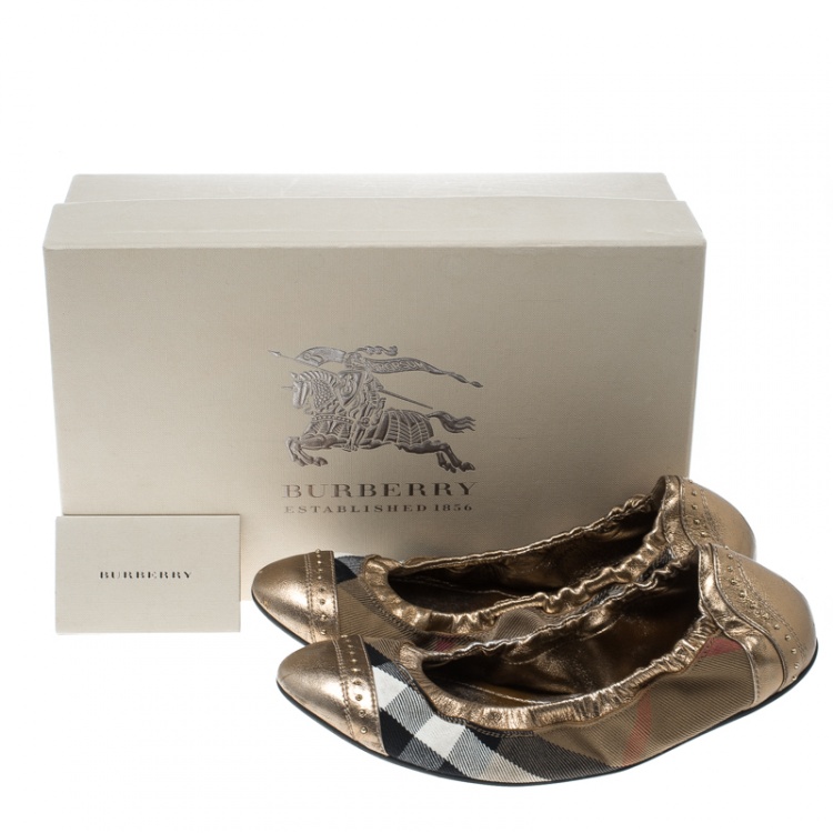 Pre Owned Burberry Bronze Leather and House Check Canvas Southwark Studded Scrunch Ballet Flats Size 37