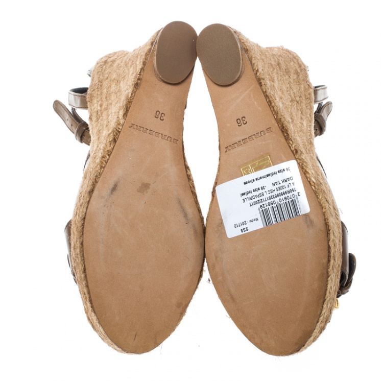 Pre Owned Burberry Brown Leather and Novacheck Canvas Buckle Detail Peep Toe Espadrille Wedge Sandals Size 36