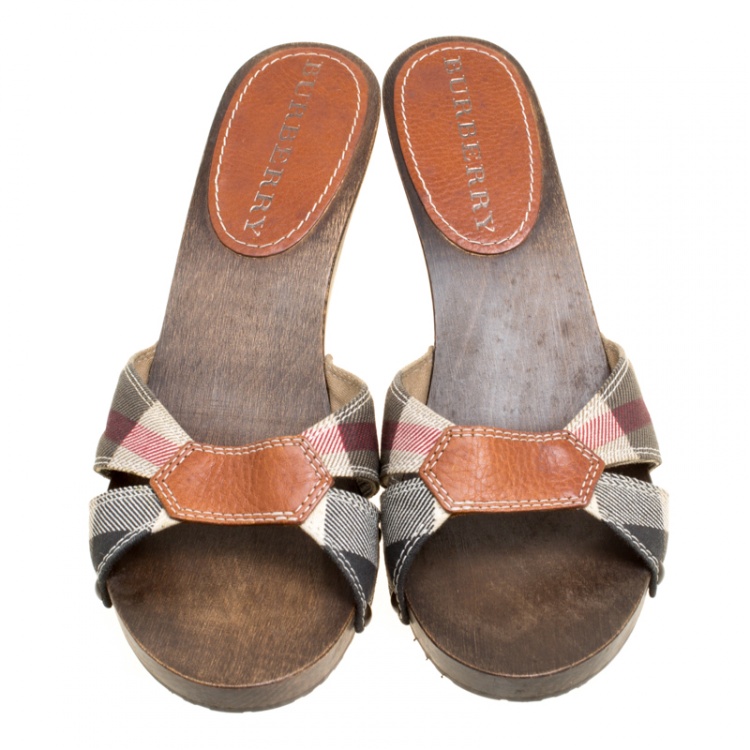 Pre Owned Burberry Brown Nova Check Fabric Slides Size 38