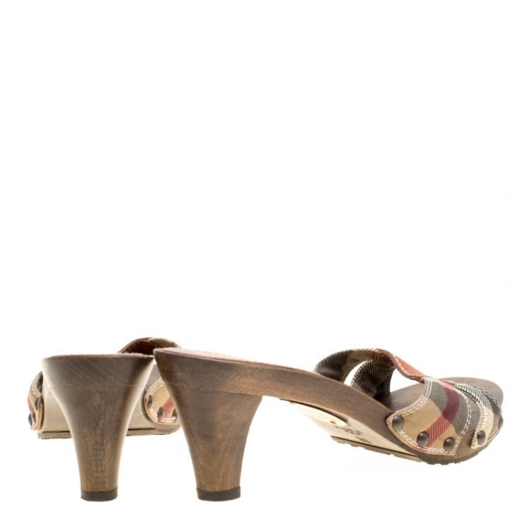 Pre Owned Burberry Brown Nova Check Fabric Slides Size 38