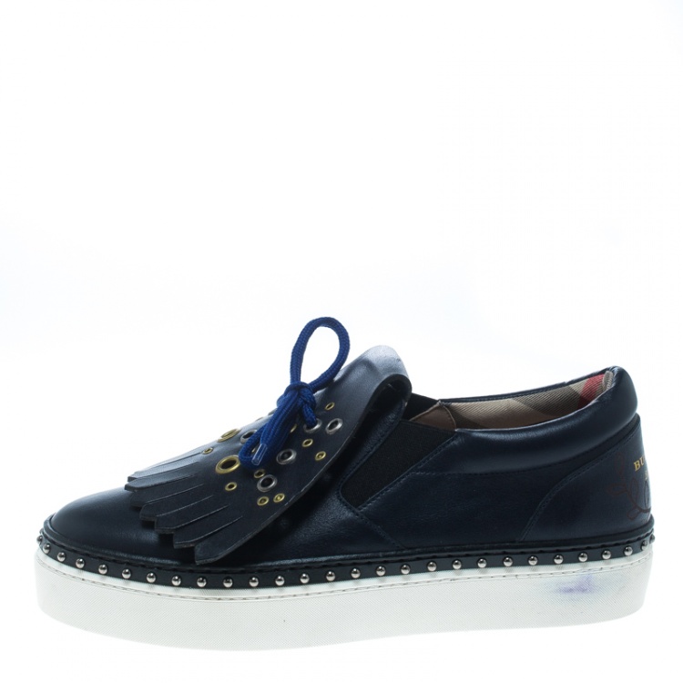 Pre Owned Burberry Navy Blue Leather Kiltie Fringe Slip On Sneakers Size 37