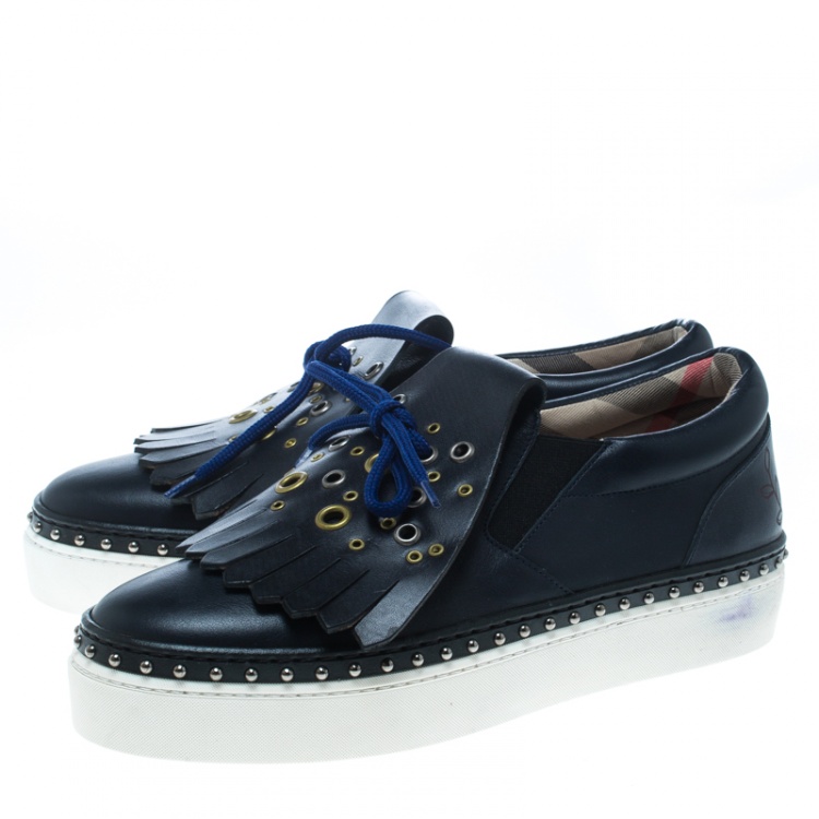 Pre Owned Burberry Navy Blue Leather Kiltie Fringe Slip On Sneakers Size 37