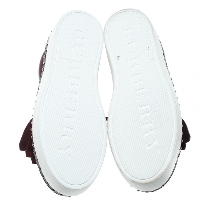 Pre Owned Burberry Burgundy Leather Kiltie Fringe Slip On Sneakers Size 37
