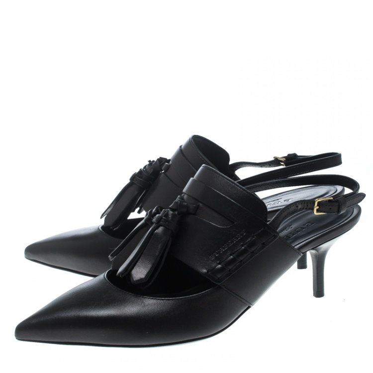 Pre Owned Burberry Black Leather Colebert Cut Out Pointed Toe Tassel Detail Slingback Sandals Size 36.5
