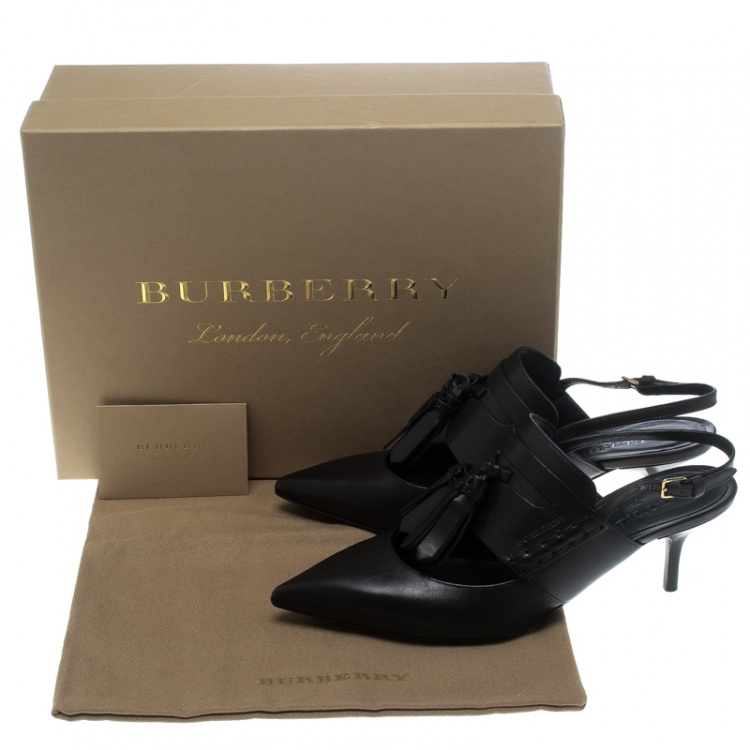 Pre Owned Burberry Black Leather Colebert Cut Out Pointed Toe Tassel Detail Slingback Sandals Size 36.5