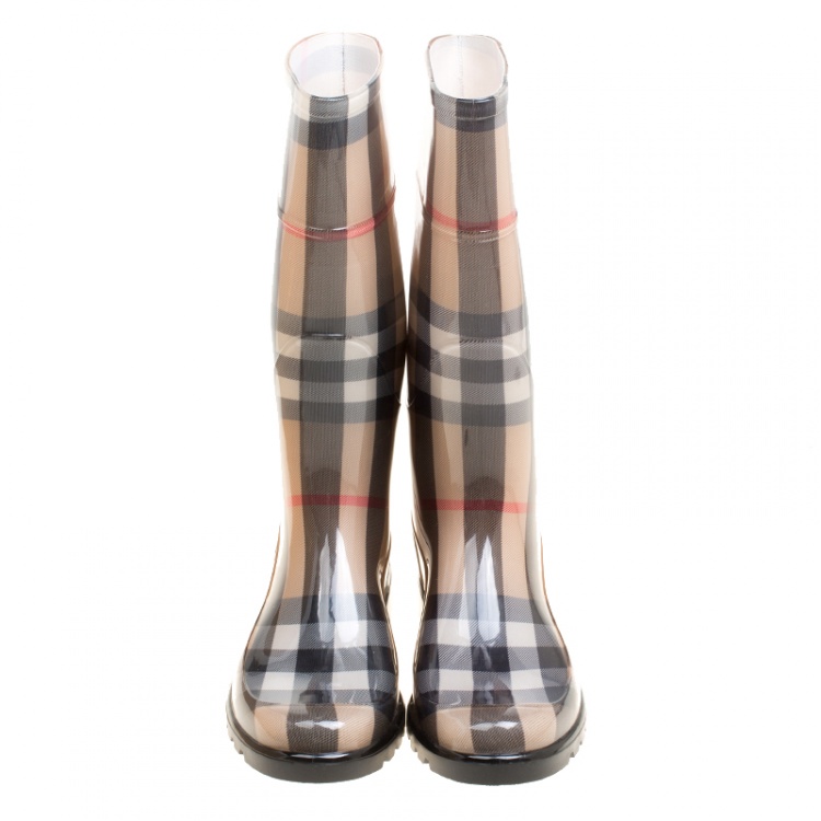 Pre Owned Burberry Beige House Check Rubber Rain Boots Size 39