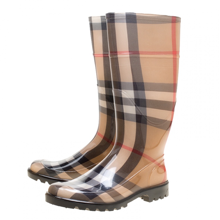 Pre Owned Burberry Beige House Check Rubber Rain Boots Size 39