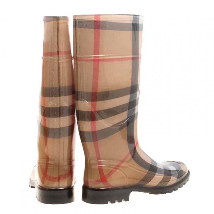Pre Owned Burberry Beige House Check Rubber Rain Boots Size 39