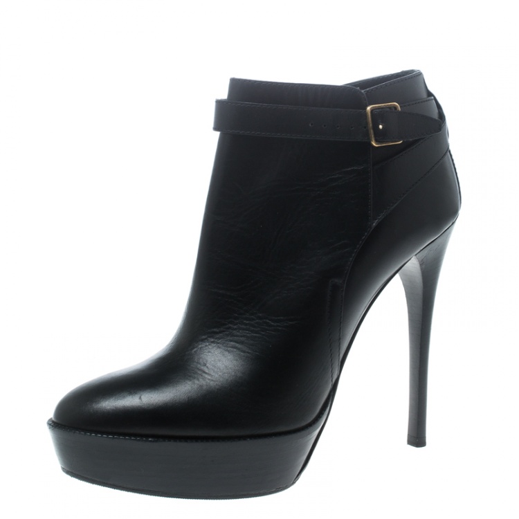 Pre Owned Burberry Black Leather Cross Strap Platform Ankle Boots Size 37