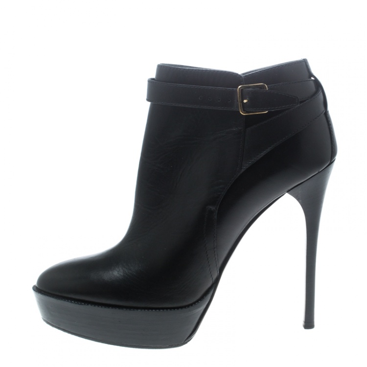 Pre Owned Burberry Black Leather Cross Strap Platform Ankle Boots Size 37