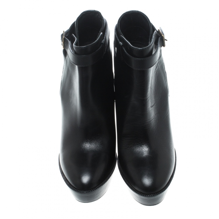 Pre Owned Burberry Black Leather Cross Strap Platform Ankle Boots Size 37