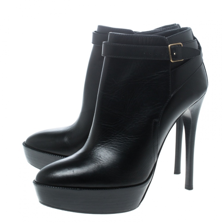 Pre Owned Burberry Black Leather Cross Strap Platform Ankle Boots Size 37