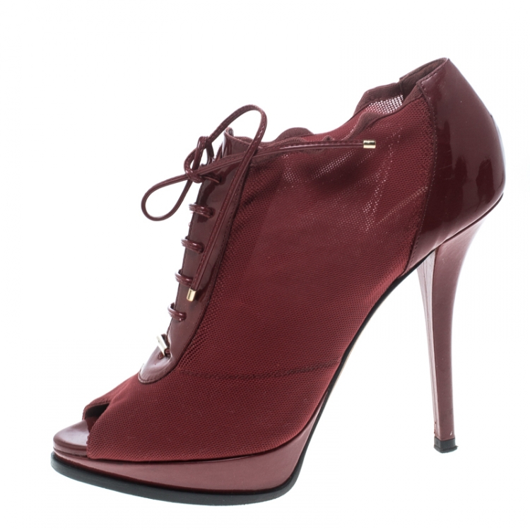 Pre Owned Dior Red Elasticated Mesh and Patent Leather Lace Up Peep Toe Ankle Booties Size 37