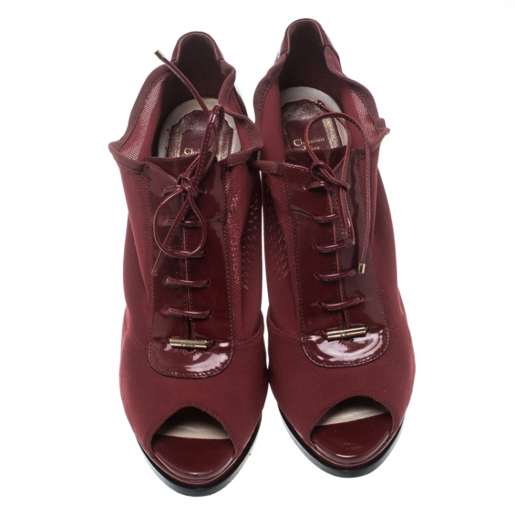 Pre Owned Dior Red Elasticated Mesh and Patent Leather Lace Up Peep Toe Ankle Booties Size 37