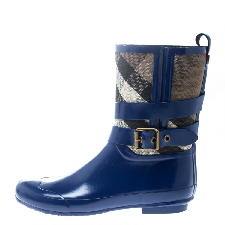 Burberry Beige House Check Canvas and Blue Rubber Rain Boots Size