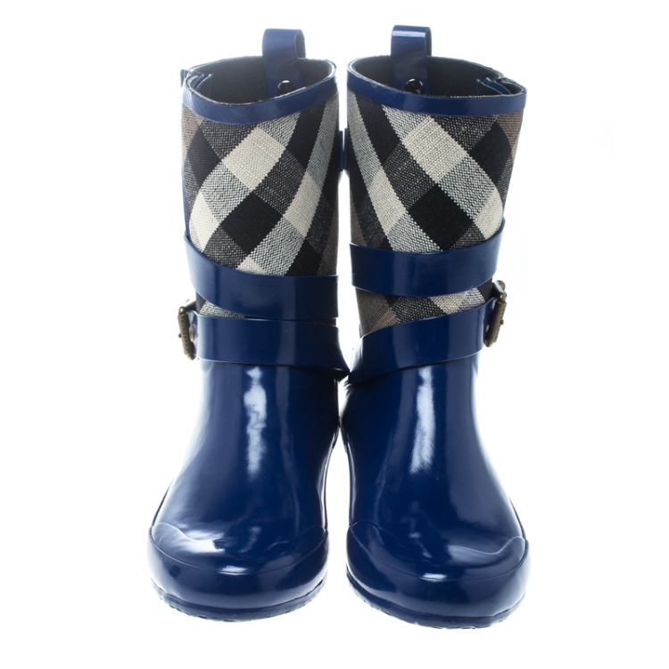 Pre Owned Burberry Beige House Check Canvas and Blue Rubber Rain Boots Size 39