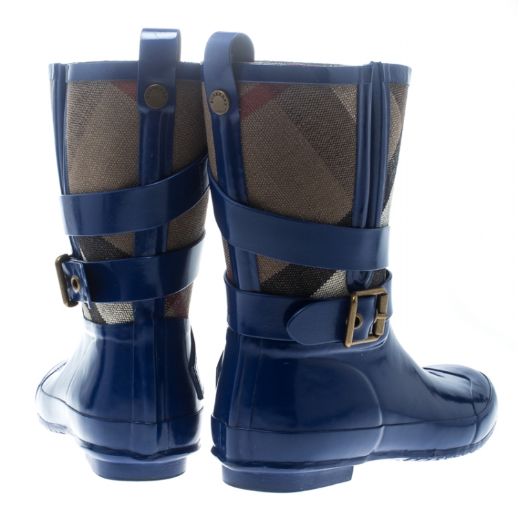 Pre Owned Burberry Beige House Check Canvas and Blue Rubber Rain Boots Size 39