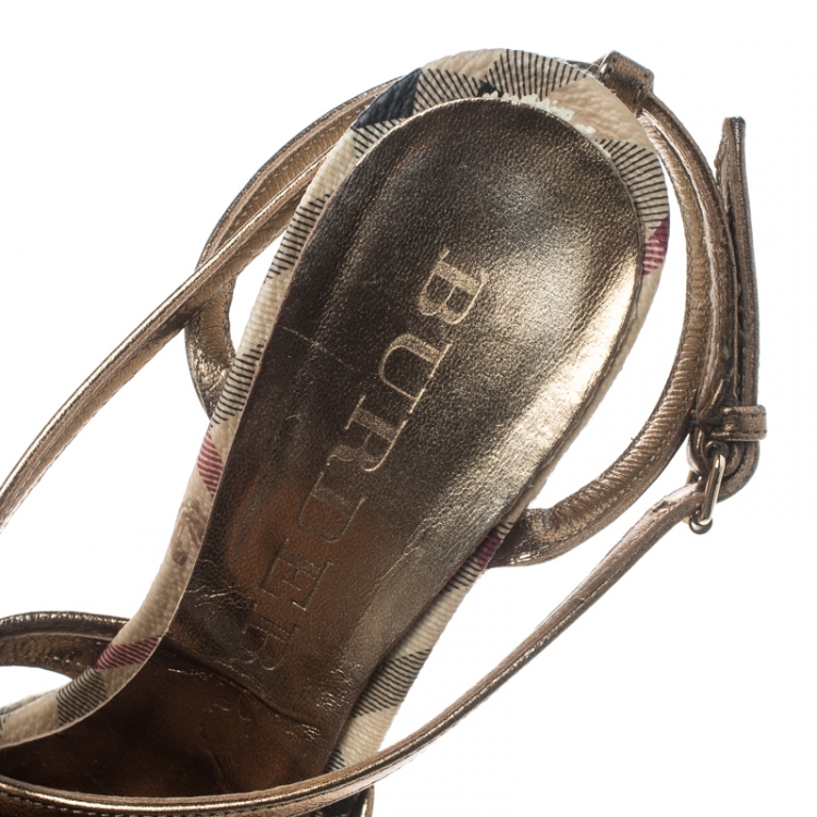 Pre Owned Burberry Beige Nova Check Canvas and Metallic Leather Cross Strap Espadrille Wedge Sandals Size 38