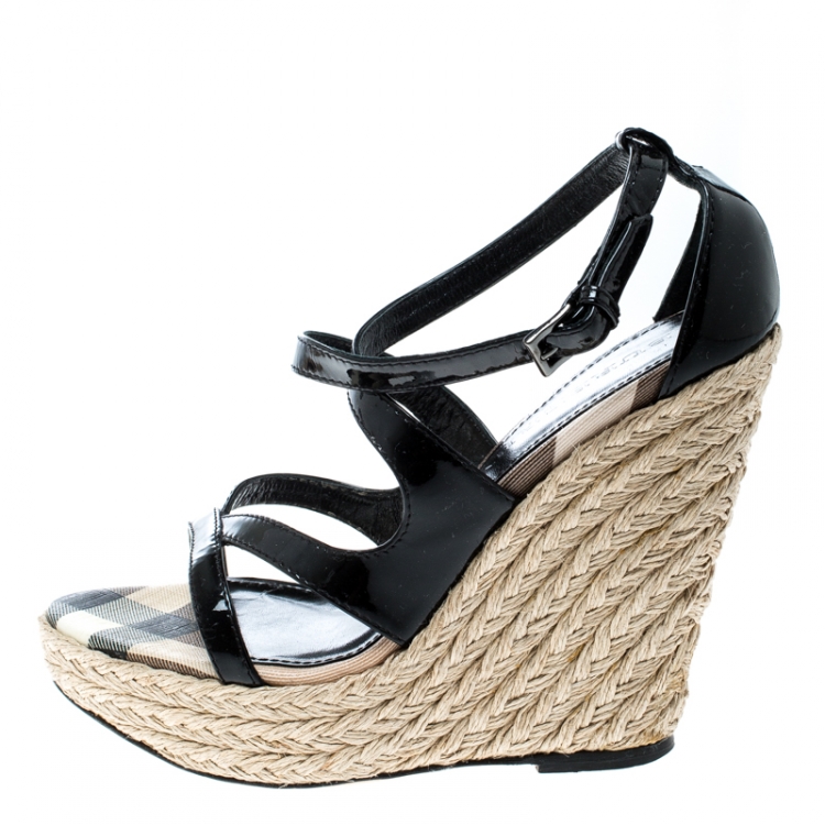 Pre Owned Burberry Black Patent Leather Espadrille Wedges Cross Strap Sandals Size 36