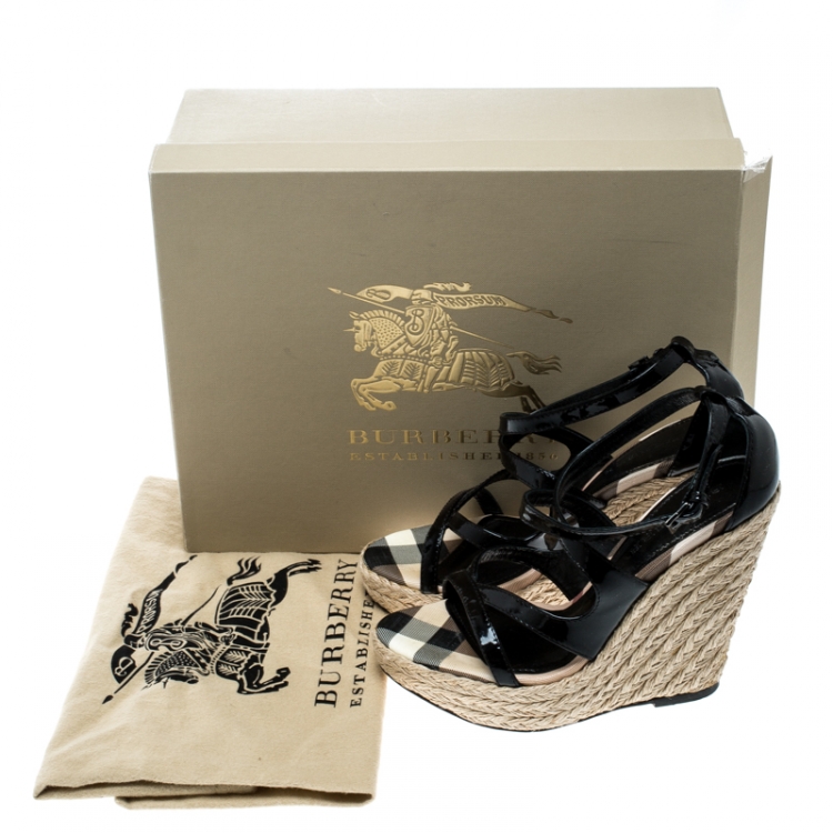 Pre Owned Burberry Black Patent Leather Espadrille Wedges Cross Strap Sandals Size 36