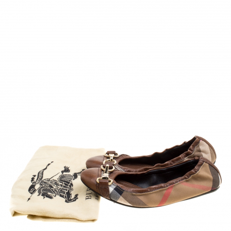 Pre Owned Burberry Beige/Brown Canvas and Leather Shipley Ballet Flats Size 35