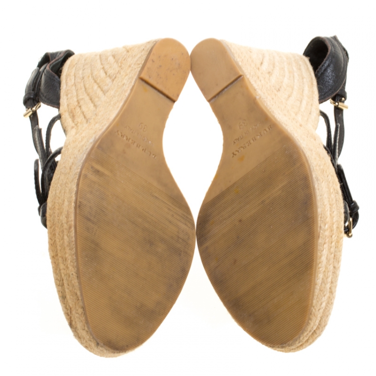 مملوكة مسبقًا Burberry Black Leather Espadrille Wedge Sandals Size 39