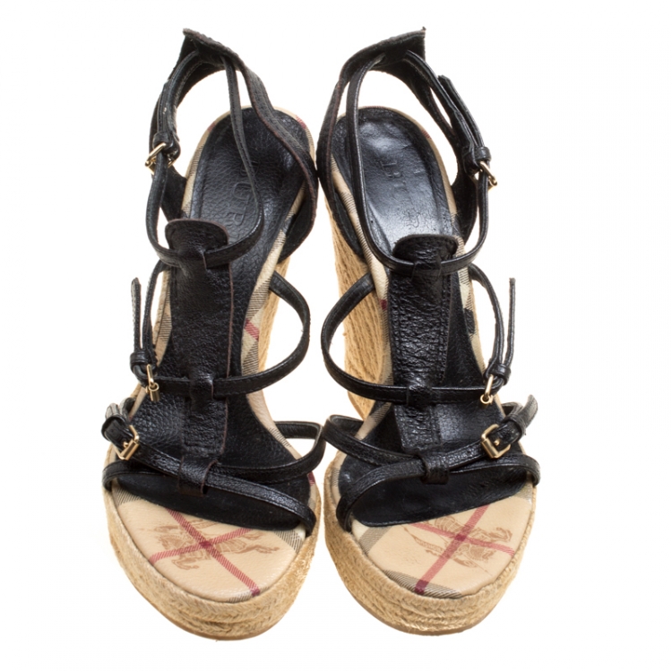 مملوكة مسبقًا Burberry Black Leather Espadrille Wedge Sandals Size 39
