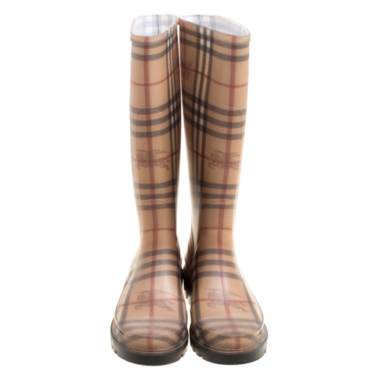 Pre Owned Burberry Beige Haymarket Check PVC Rain Boots Size 38
