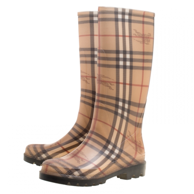 Pre Owned Burberry Beige Haymarket Check PVC Rain Boots Size 38