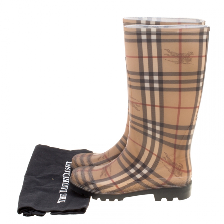 Pre Owned Burberry Beige Haymarket Check PVC Rain Boots Size 38