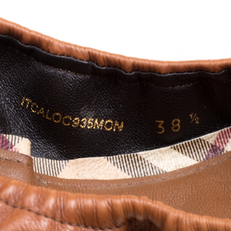 Pre Owned Burberry Brown Leather and Nova Check Canvas Drayton Twistlock Scrunch Ballet Flats Size 38.5
