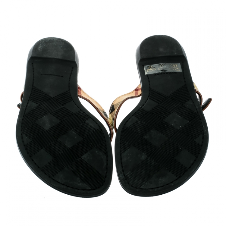 Pre Owned Burberry Beige Novacheck Canvas and Leather Thong Sandals Size 35