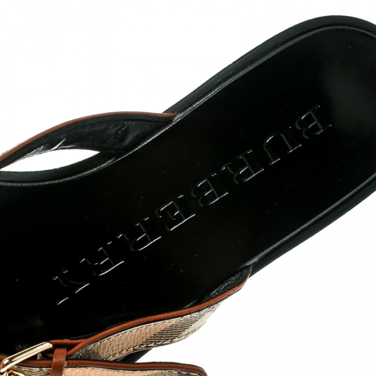 Pre Owned Burberry Beige Novacheck Canvas and Leather Thong Sandals Size 35