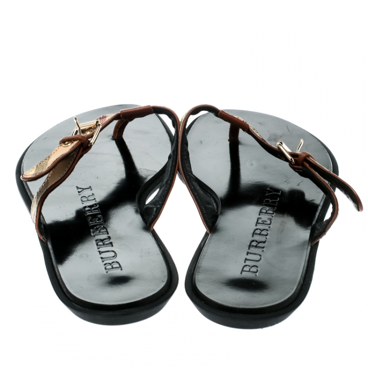 Pre Owned Burberry Beige Novacheck Canvas and Leather Thong Sandals Size 35