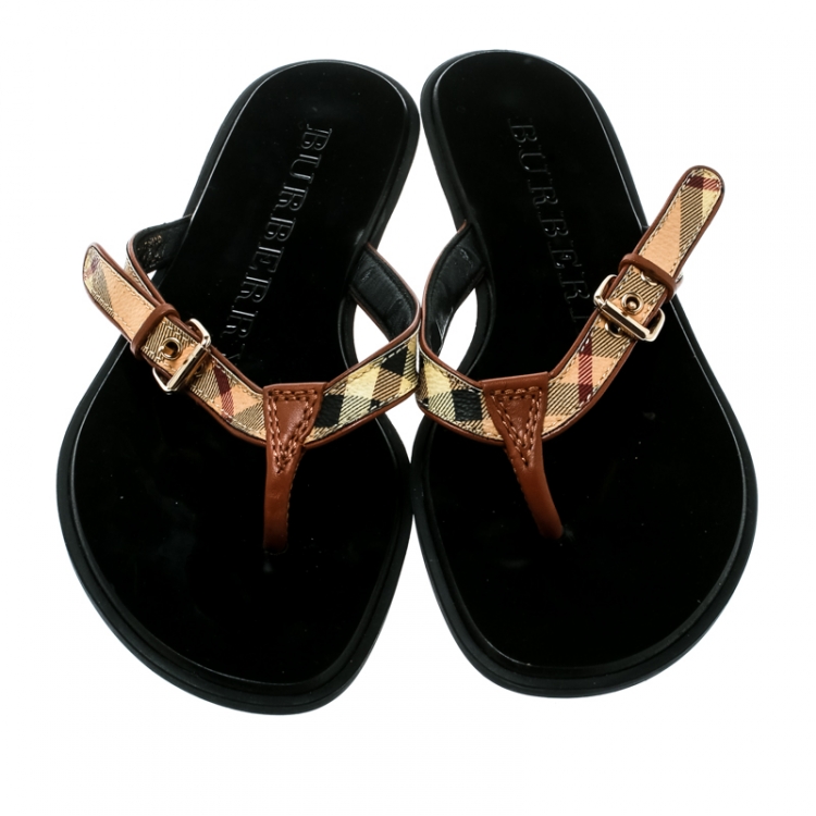 Pre Owned Burberry Beige Novacheck Canvas and Leather Thong Sandals Size 35