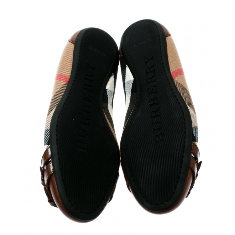 Pre Owned Burberry Beige Nova Check Canvas and Brown Leather Buckle Detail Ballet Flats Size 38