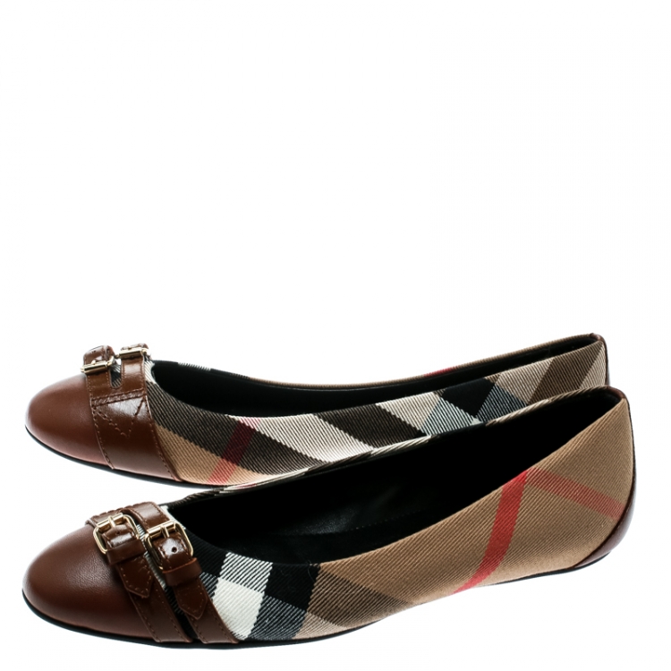 Pre Owned Burberry Beige Nova Check Canvas and Brown Leather Buckle Detail Ballet Flats Size 38